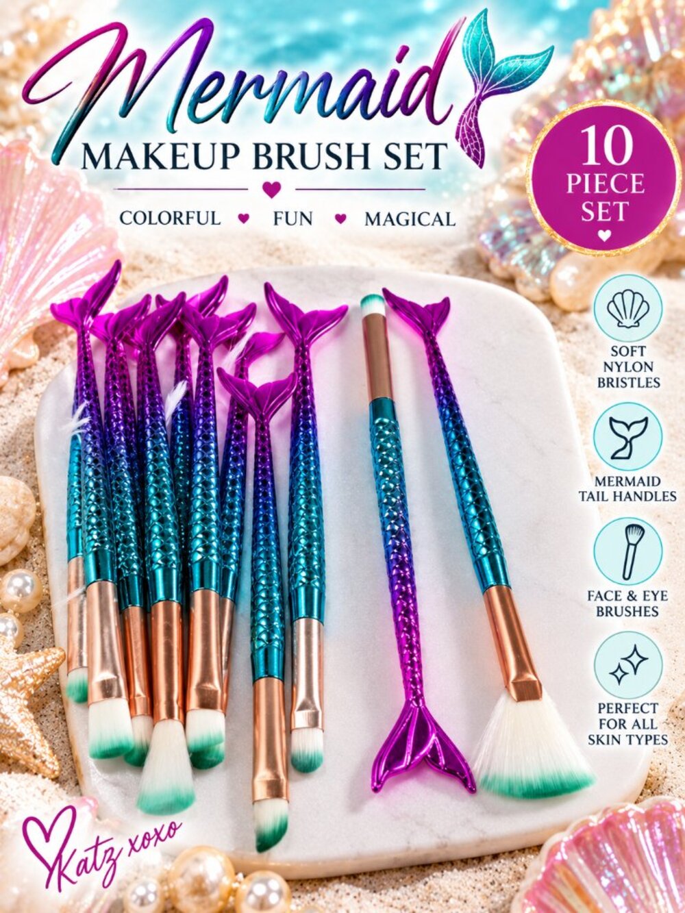 Mermaid Makeup Brush Set 10 Pc Face Eye Cosmetic Brushes Teal Purple New Bundle